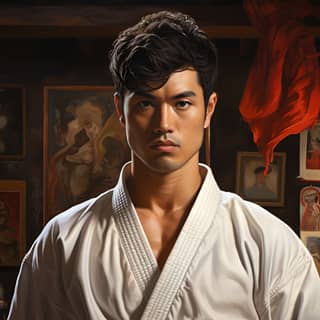 photo realistic taekwondo fighter, in karate gear standing in front of a painting