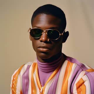 with sunglasses and a knuckle in the style of kehinde wiley kodak portra light purple and dark orange striped irving penn