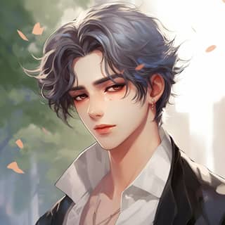 a very handsome small sharp chin sweet smile friendly appearance gorgeous street fashion realistic romance manga illustration