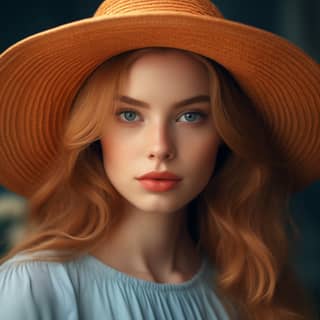 Wanita cantik dengan rambut panjang berwarna merah memakai topi biru dan baju biru.