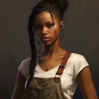 1 girl overalls ebony skin ponytail sledgehammer John Henry, with braids in her hair