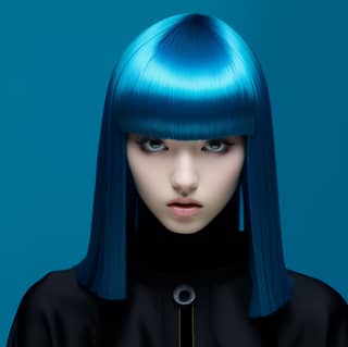 3️⃣ girl with neon blue hair in black in front of a large blue frame in the frame in the style of vivienne tam dark