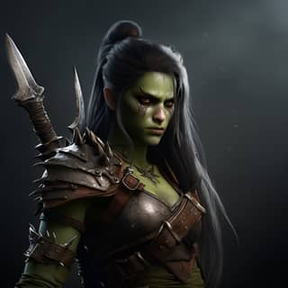 Craft a striking photorealistic portrait featuring a commanding half-orc female with a 6-foot tall lean acrobatic figure