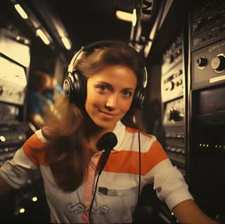 Polaroid Selfie of Mimi Rogers waering Muscleshirt and fluffy headphones in Studio 54