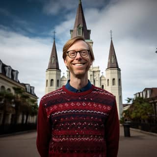 Stephen Merchant grin sweater vest standing in front of St Louis Cathedral