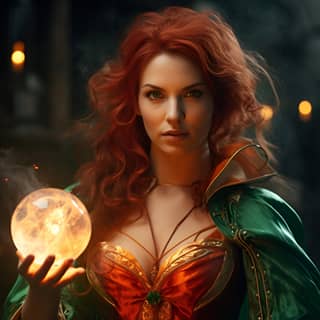 Triss Merigold is wearing a red and green sorceress dress she is casting a fireball the image is photorealistic and has