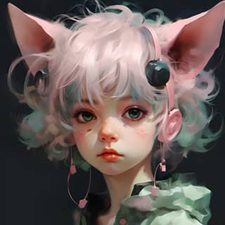 anime character in pink and green with gold ears in the style of colorful fantasy realism shilin huang dark black and light