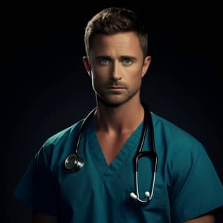 attractive clean-shaven sandy-brown wavy short hair blue eyes man in his mid 30s wearing a paramedic uniform and stethoscope