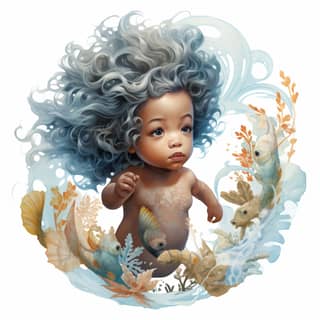 a baby with blue hair and fish in the water