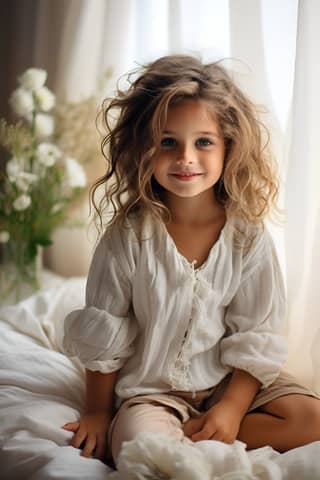 Una niña pequeña está sentada en una cama rodeada de flores en una hermosa habitación blanca y beige, muy cinematográfica.