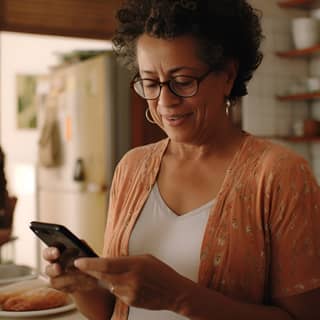 60'lı yaşlardaki siyahi bir Brezilyalı kadın gözlük takarak modern ve minimalist ev mutfakta telefonuna bakarken hafif bir gülümsemeyle