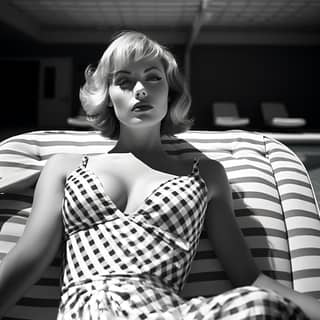 blond woman with short hair is lying by a pool in Palm Springs California mid-century in the style of bold black and whites