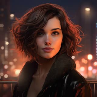 Wanita muda dengan rambut pendek dan jaket hitam di bandar, dengan mata coklat, rambut bergelombang, dan parut di pipi kanan.
