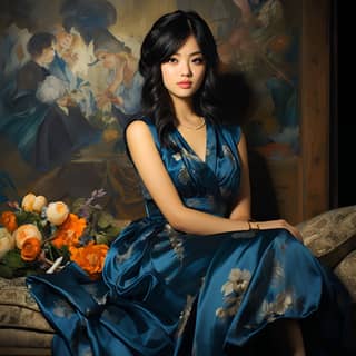 captivated oil painting art of young Japanese woman gazing at me with adorable smile She is unwinding on large antique couch