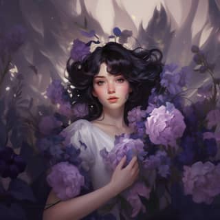 fantasy art of a cute girl with short wavy black hair and violet eyes dressed in a white simple dress with violet rubbons