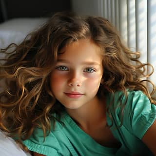 a girl laying down on the floor (the floor is a mirror reflecting her image) with blue eyes and very long fluffy hair