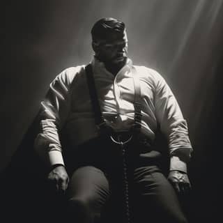 heavyweight man in shirt and harness monochromatic, in suspenders sitting on a chair