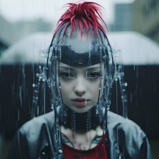 kodak ektar 100 as real person, with red hair and a helmet in the rain