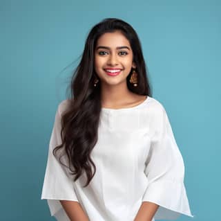 portrait of indian woman wearing white shirt and smiling