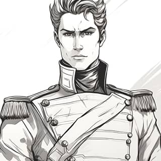 a simple black and white line drawing full body 30 years old man dressed as a war prince sharp features black hair hacked