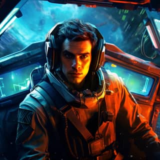 Un homme en tenue de pilote est assis dans le cockpit d'un vaisseau spatial futuriste.