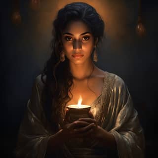 In the gentle dance of candlelight we find Swathishta her hands delicately cradling a coffee mug each step echoing a quiet