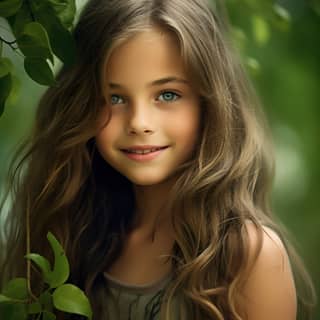 Ragazza con lunghi capelli e foglie verdi, sorridendo accanto a un albero verde.