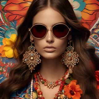 a (beautiful woman) wearing a kaleidoscope of colors in a bohemian-inspired ensemble by [Etro] adorned with intricate