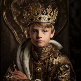 Niño de 10 años rey llevando una corona dorada.