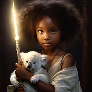 Menina africana de 8 anos, com olhos brilhantes, segurando um sabre de luz para proteger seus filhotes de coalas.