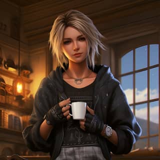 Larxene from Kingdom Hearts 2 wearing casual clothes with a cup of coffee