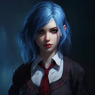 brujah vampire teen girl with blue hair vampire the masquerade school clothes sharp fangs