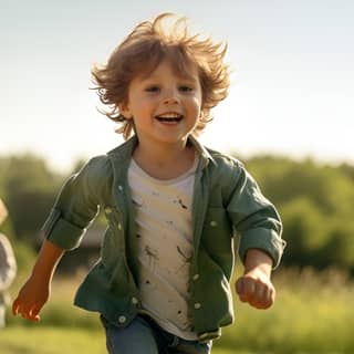 Dos niños corriendo alegremente al aire libre en un campo verde con la naturaleza de fondo.