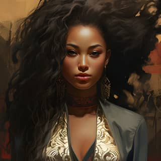 A stunning trailblazer smooth brown skin femme fatal in the style of Ancient Zen aesthetics Zen symbolism surrealistic