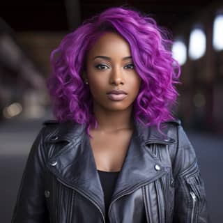 29 year old dark skin Black woman with almond-shaped eyes and purple hair Stocky build wearing jeans and a leather jacket