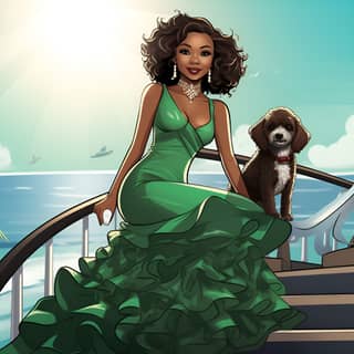 A 5D disney style chibi of a fashion model African American Woman an elegant woman standing on fancy stairs with ocean view