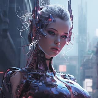 Cyberpunk Lady Robot Pixelated, in a futuristic outfit standing in the middle of a city