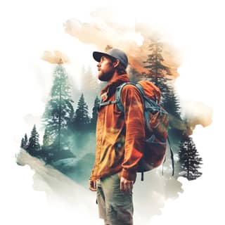 Double Exposure Shot: An adventurous explorer blended with a map of uncharted territories vibrant tones and color captured