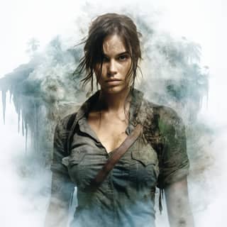 Double Exposure Shot: Lara croft blended with a treasure map of uncharted territories cinematic tones captured with Olympus