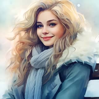 Woman sitting on a park bench beautiful woman looking at falling snow clear sky painting by Anna Dittmann gorgeous colorful