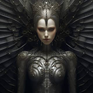 an archangel as a very beautiful from the front style h r giger