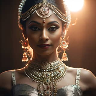 close up of a bharathanatyam dancer against light wearing traditional ornaments in detail