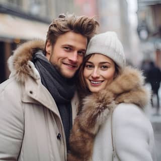 couple in winter outfits posing for a photo on street in the style of romantic soft focus and ethereal light depictions of