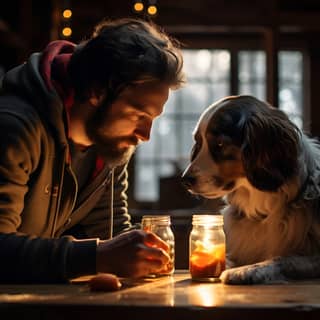 Um cachorro e seu dono estão sentados à mesa com um pote de mel.