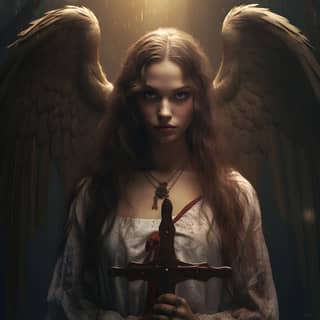 female angel staring angrily a wood cross above her front view