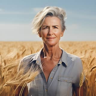 Una mujer mayor parada en un campo de trigo, luciendo tranquila bajo la abundante luz natural.