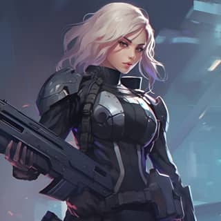 futuristic police officer, a female soldier holding a gun in a futuristic setting