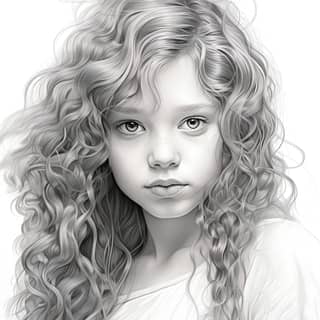 girl painted with pencil strokes in shades of gray, a drawing of girl with curly hair