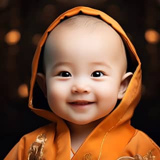 https://s mj run/e8tFbUc8R1s, a baby in an orange robe smiling