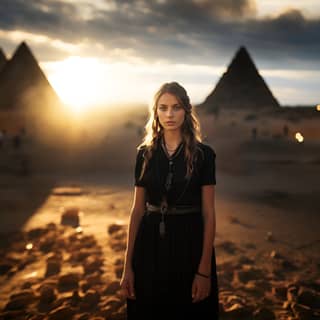 nordic woman standing near a giant black pyramid The top of the pyramid emits a faint violet light She has very long braided
